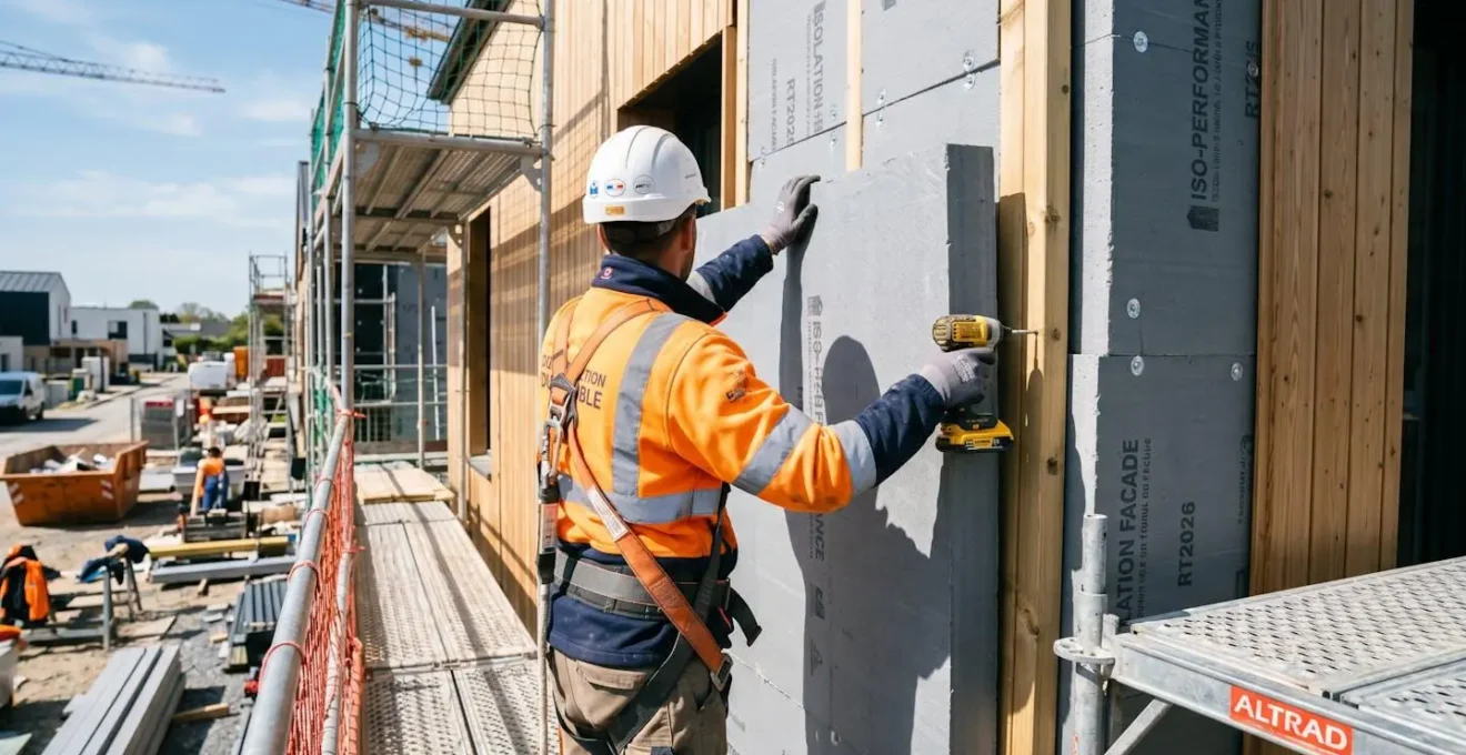 Artisan façadier vu de dos en train d'installer un panneau d'isolation extérieure sur une façade de maison, avec échafaudage visible en arrière-plan