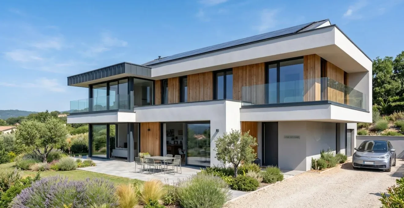 Façade d'une maison individuelle française contemporaine avec finition d'isolation thermique extérieure récente, sous un ciel lumineux