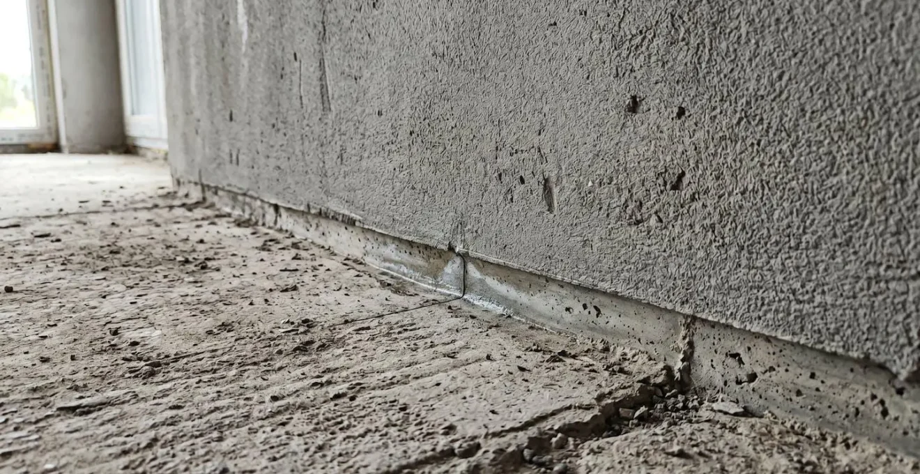 Gros plan détaillé sur l'angle d'une jonction entre un mur extérieur et une dalle de plancher, montrant la texture de l'enduit de façade