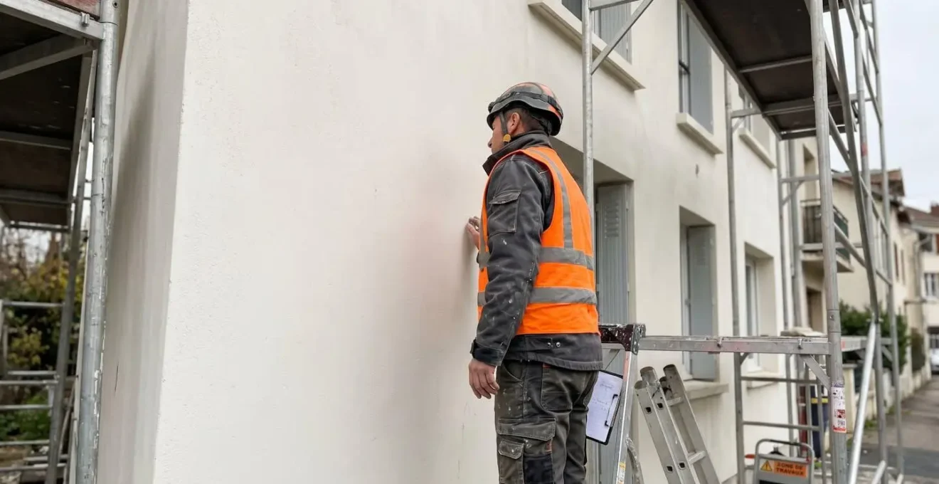 Artisan en vêtements de travail inspectant de profil une façade extérieure, examinant l'état du crépi pour détecter fissures ou dégradations, échafaudage partiellement visible