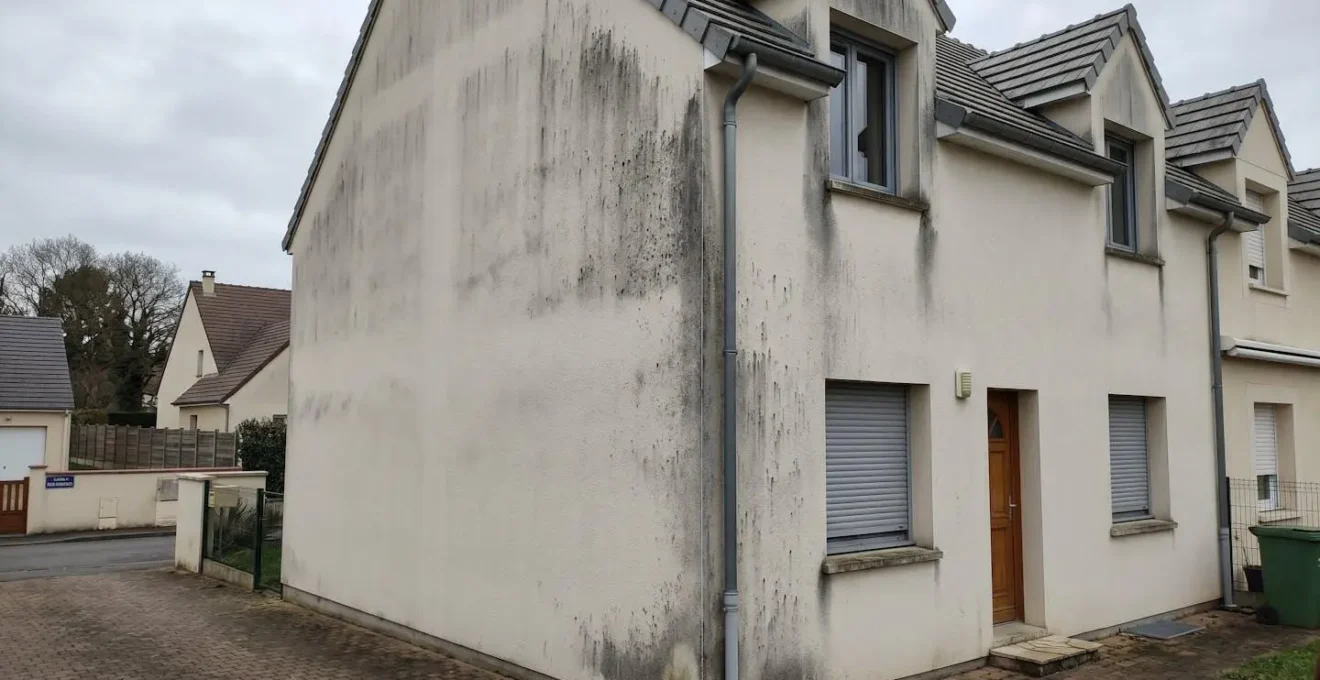Façade de maison contemporaine française avec traces d'humidité et moisissures visibles sur crépi clair, concentrées sur angle Nord et pourtours fenêtres