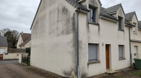 Façade de maison contemporaine française avec traces d'humidité et moisissures visibles sur crépi clair, concentrées sur angle Nord et pourtours fenêtres