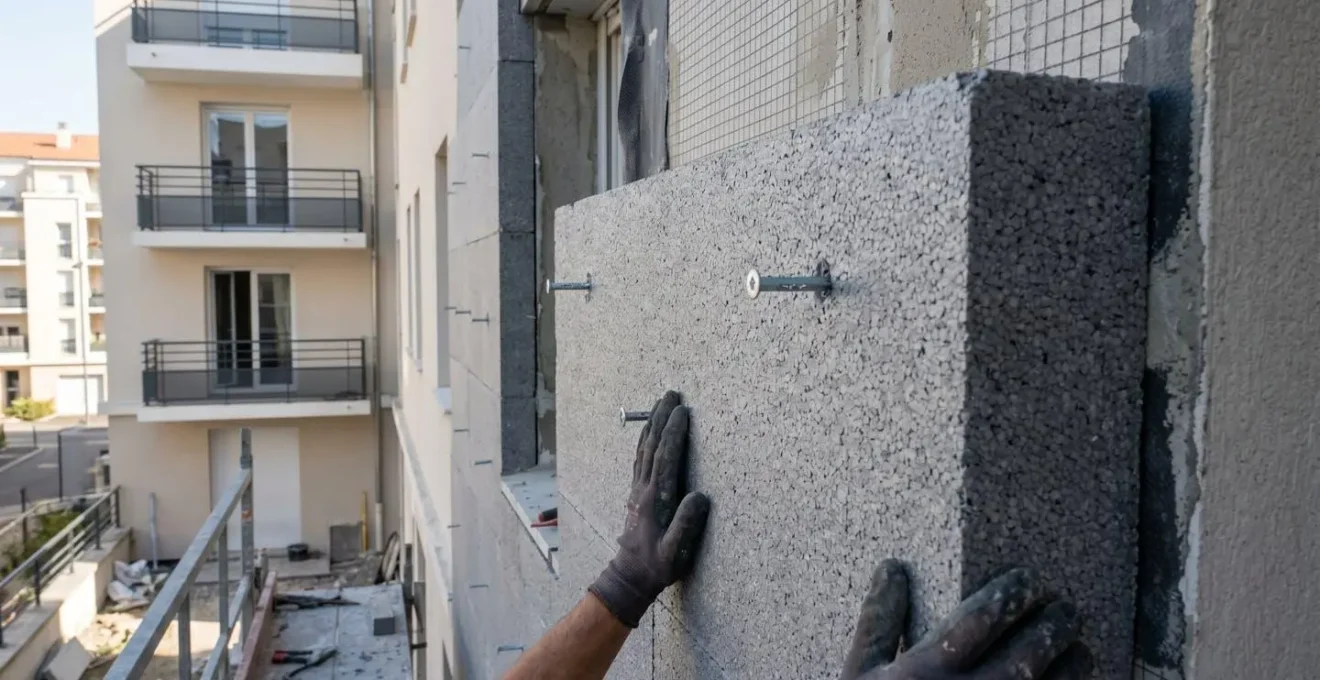 Gros plan sur panneau isolant ITE en cours de pose sur mur extérieur, texture polystyrène ou laine minérale visible, fixations métalliques partiellement insérées, mains gantées d'artisan positionnant le panneau
